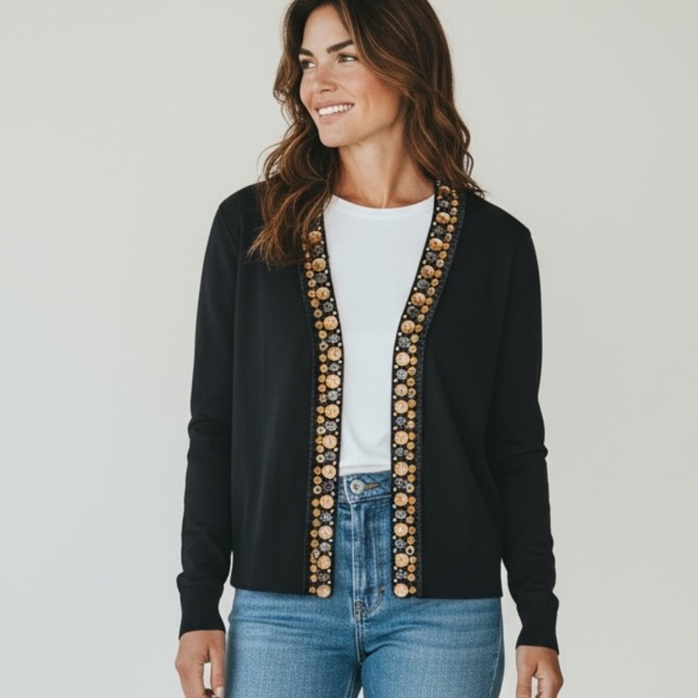 Tory Burch Navy Cardigan with Gold & Cream Beaded Trim